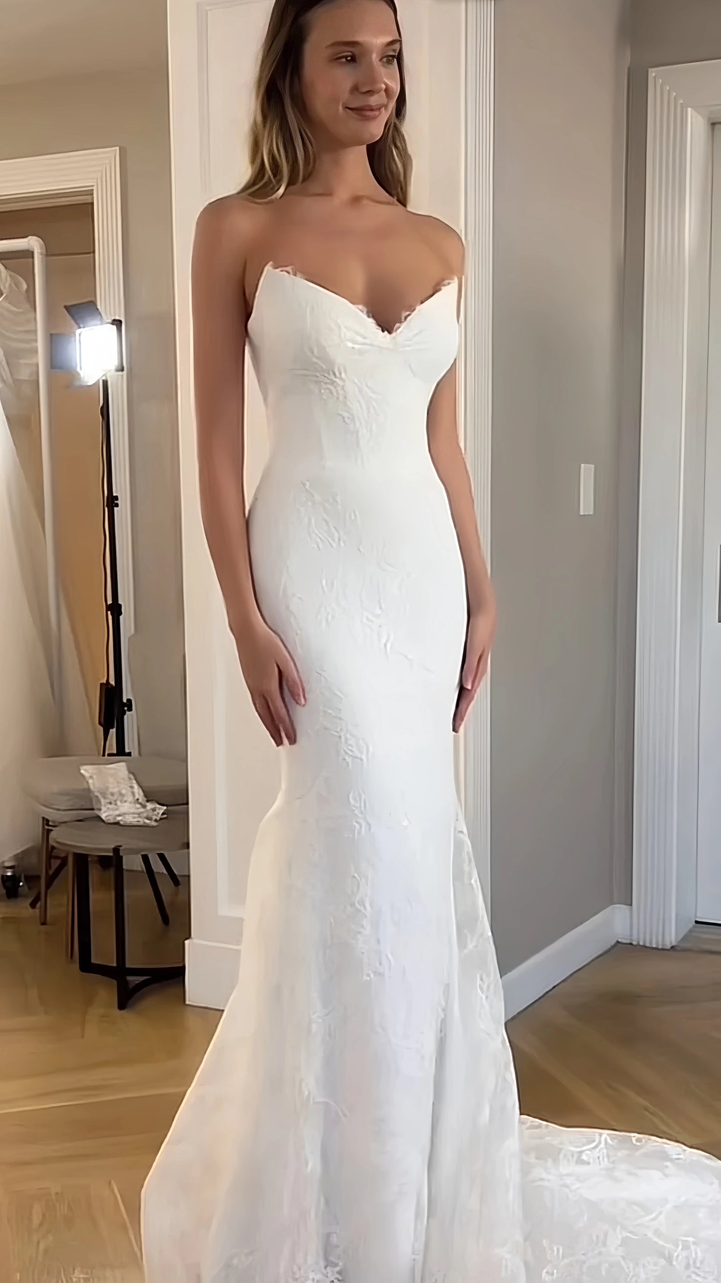 Sweetheart White Mermaid Lace Wedding Dresses With Sweep Train, LTP3791