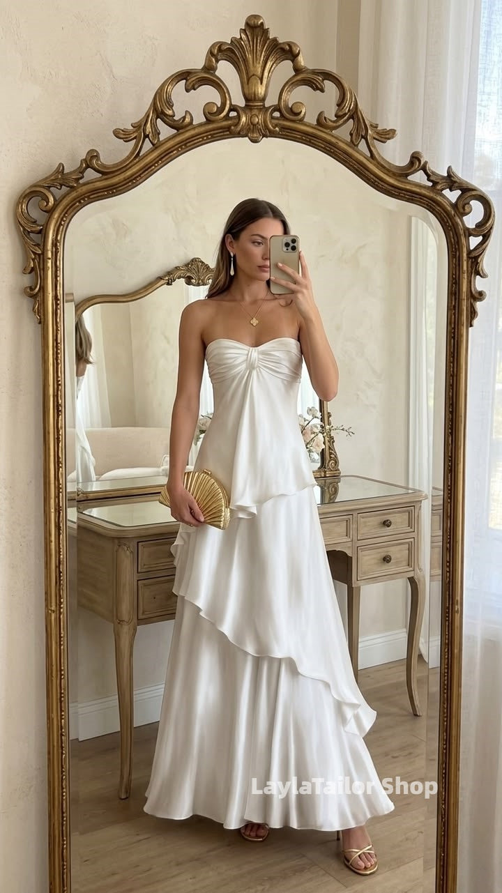 Sweetheart White Ruffle Prom Dresses Sleeveless Formal Wedding Gown,LTP4594