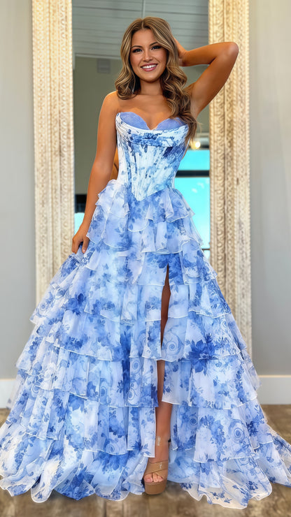 Sweetheart Blue Floral Layers Party Dress Chiffon Ruffle Prom Dresses, LTP3491