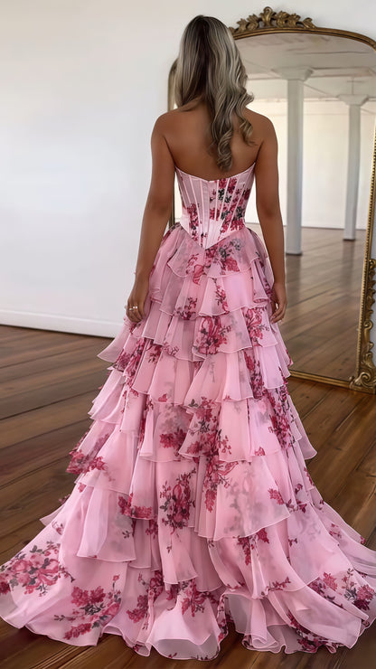 Sweetheart Blue Floral Layers Party Dress Chiffon Ruffle Prom Dresses, LTP3491