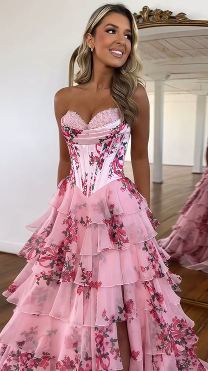 Sweetheart Blue Floral Layers Party Dress Chiffon Ruffle Prom Dresses, LTP3491