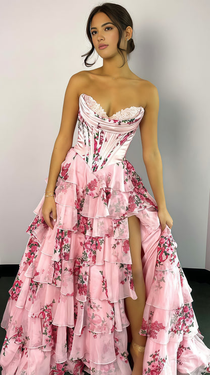 Sweetheart Blue Floral Layers Party Dress Chiffon Ruffle Prom Dresses, LTP3491