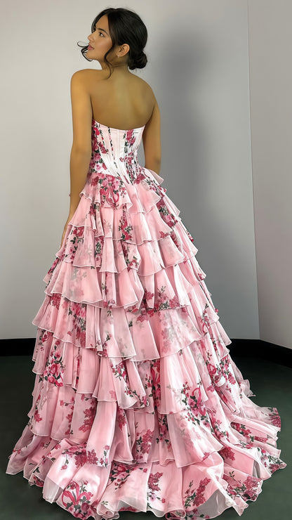 Sweetheart Blue Floral Layers Party Dress Chiffon Ruffle Prom Dresses, LTP3491
