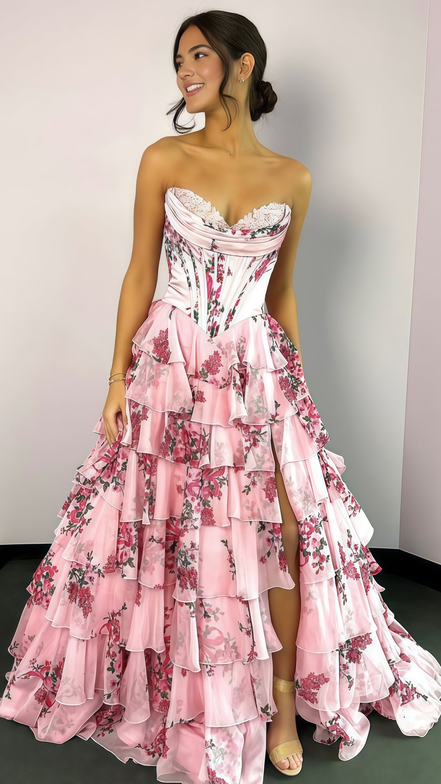 Sweetheart Blue Floral Layers Party Dress Chiffon Ruffle Prom Dresses, LTP3491