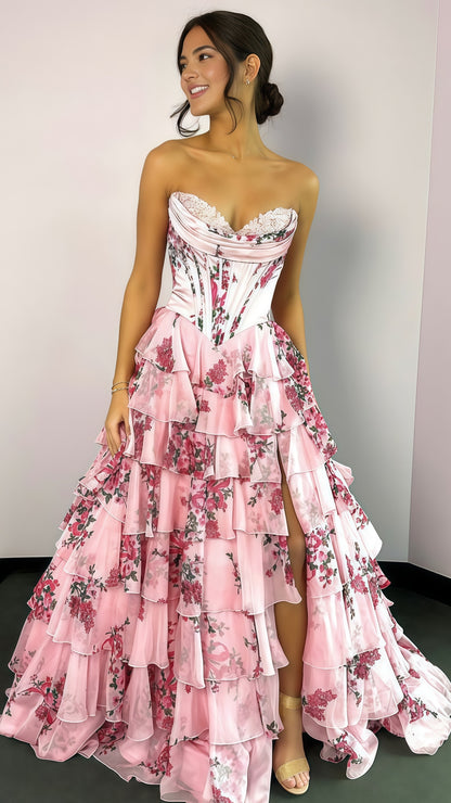 Sweetheart Blue Floral Layers Party Dress Chiffon Ruffle Prom Dresses, LTP3491