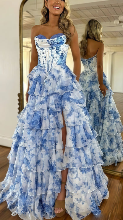 Sweetheart Blue Floral Layers Party Dress Chiffon Ruffle Prom Dresses, LTP3491