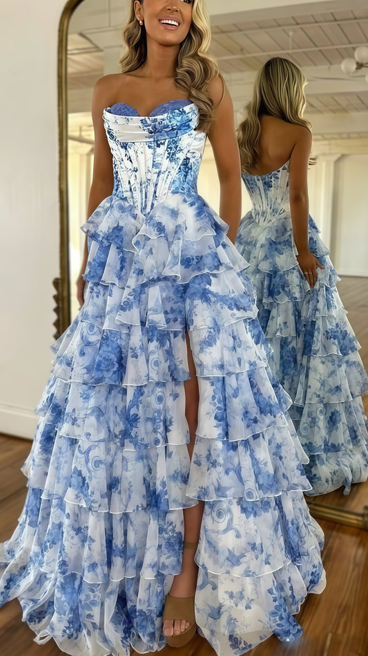 Sweetheart Blue Floral Layers Party Dress Chiffon Ruffle Prom Dresses, LTP3491