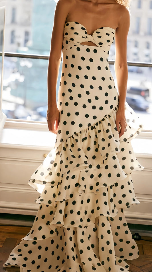 Free Shipping Available White Black Polka Dots Prom Dress - Sweetheart Ruffle Chiffon Sheath Gown