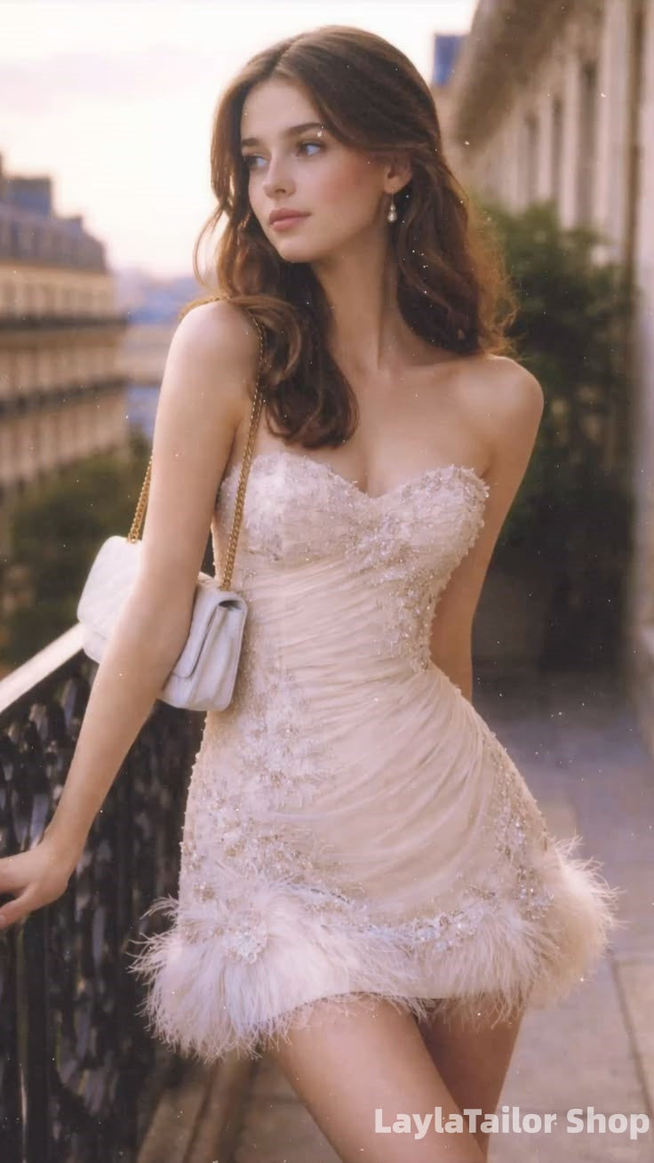 Sweetheart Light Champagne Feather Appliques Beaded Homecoming Dresses LTP82637