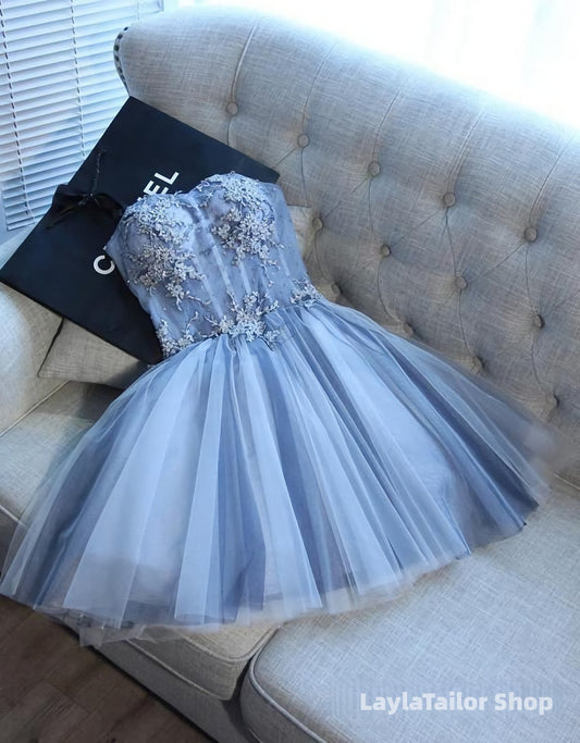 Sweetheart Strapless Homecoming Dresses, Beads Blue Lace Up Tulle Short Prom Dresses