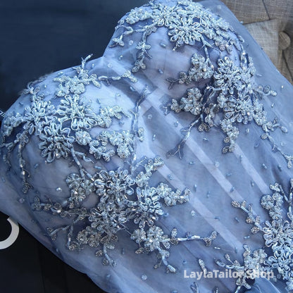 Sweetheart Strapless Homecoming Dresses, Beads Blue Lace Up Tulle Short Prom Dresses