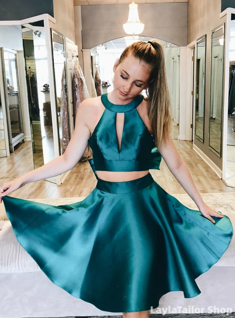Two Pieces Peacock Blue A-Line Satin Homecoming Dress