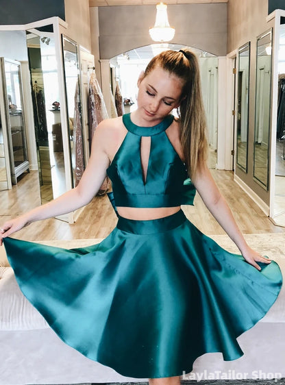 Two Pieces Peacock Blue A-Line Satin Homecoming Dress