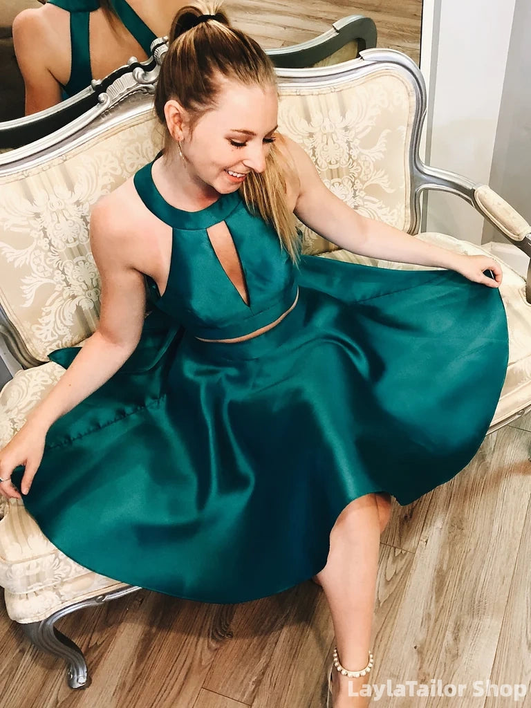 Two Pieces Peacock Blue A-Line Satin Homecoming Dress