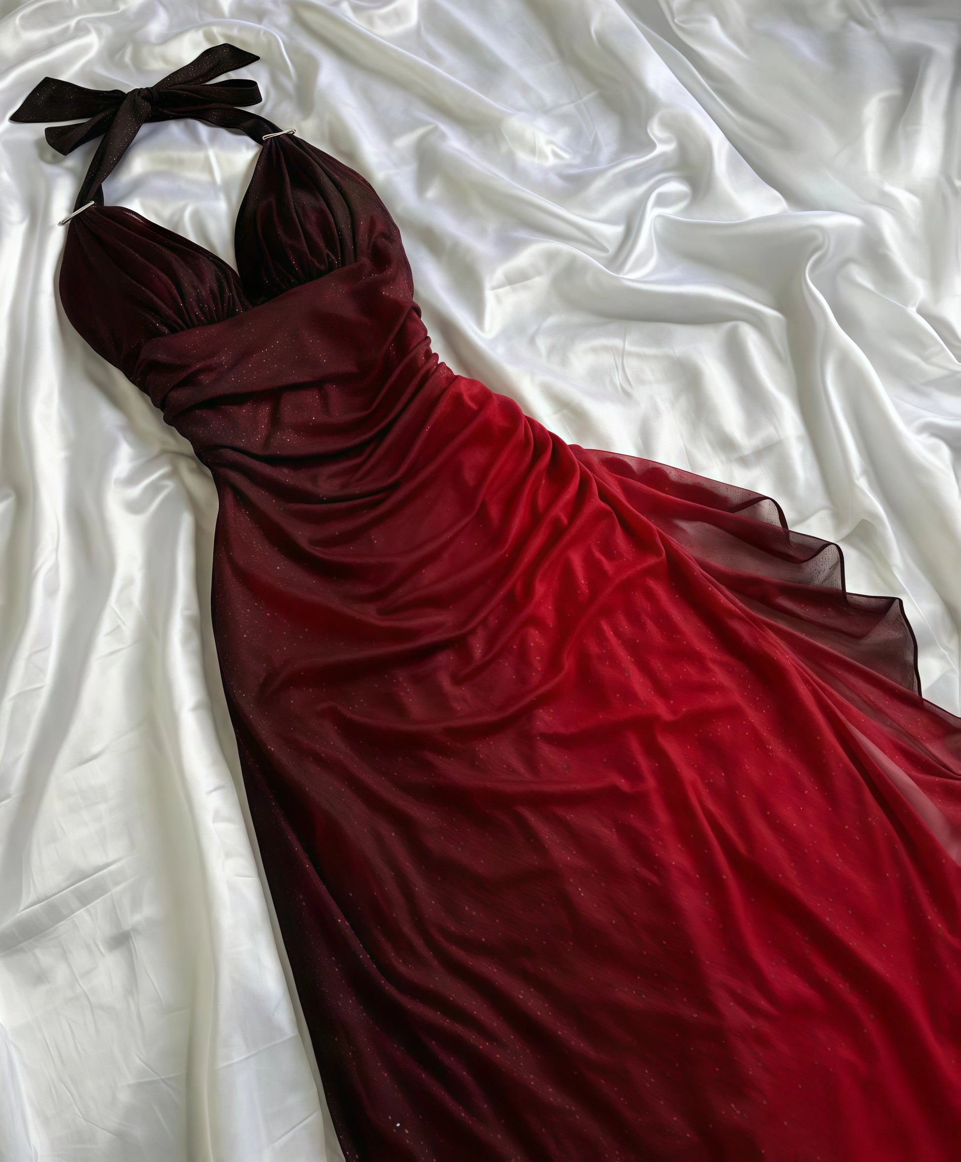 Tie halter burgundy gradient prom dress back view