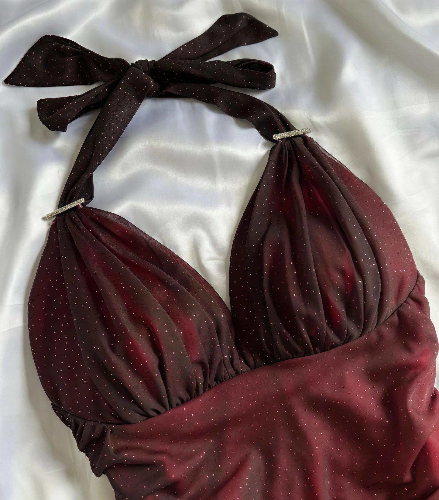 Tie halter neckline detail on gradient burgundy dress