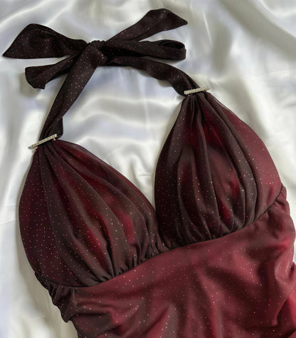 Tie halter neckline detail on gradient burgundy dress