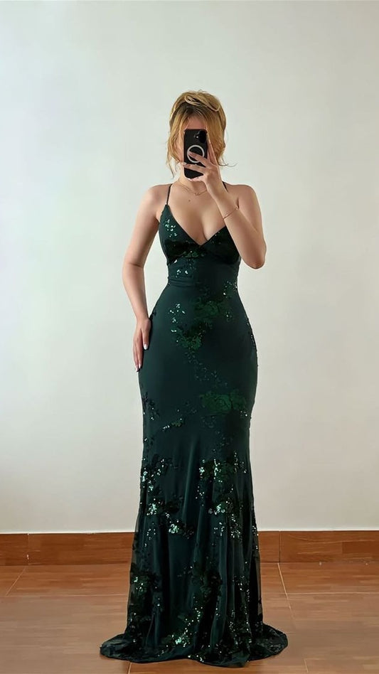 Timeless Dark Green Spaghetti-Straps Sleeveless Prom Dresses Mermaid V-Neck With Lace,LTP4414