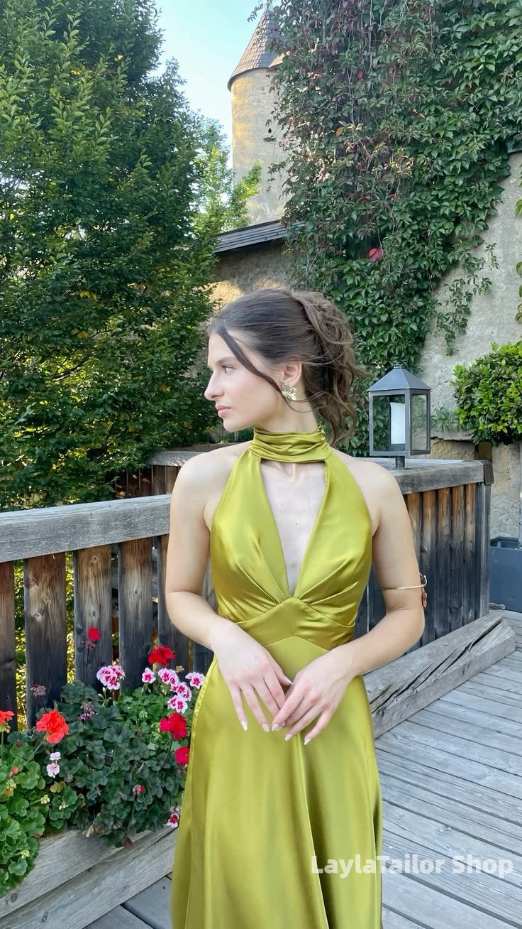 Trendy Olive Green V-Neck Satin Prom Dress Sleeveless Formal Gown, LTP3629