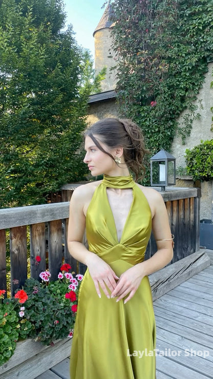 Trendy Olive Green V-Neck Satin Prom Dress Sleeveless Formal Gown, LTP3629