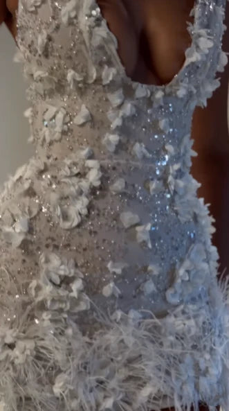 Trendy Wedding Reception Dress, Floral Sparkly Party Dress, Beaded Wedding Dress, Short Bridal Gown Wedding Dresses,LTP3671