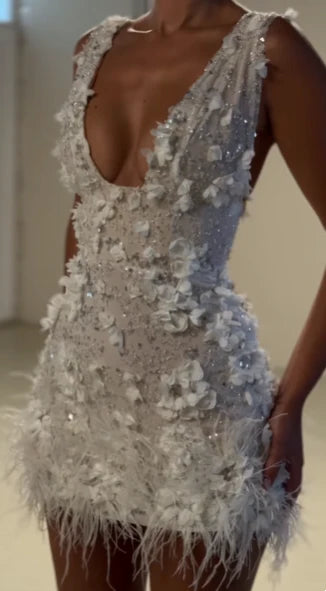 Trendy Wedding Reception Dress, Floral Sparkly Party Dress, Beaded Wedding Dress, Short Bridal Gown Wedding Dresses,LTP3671