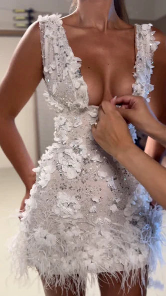 Trendy Wedding Reception Dress, Floral Sparkly Party Dress, Beaded Wedding Dress, Short Bridal Gown Wedding Dresses,LTP3671