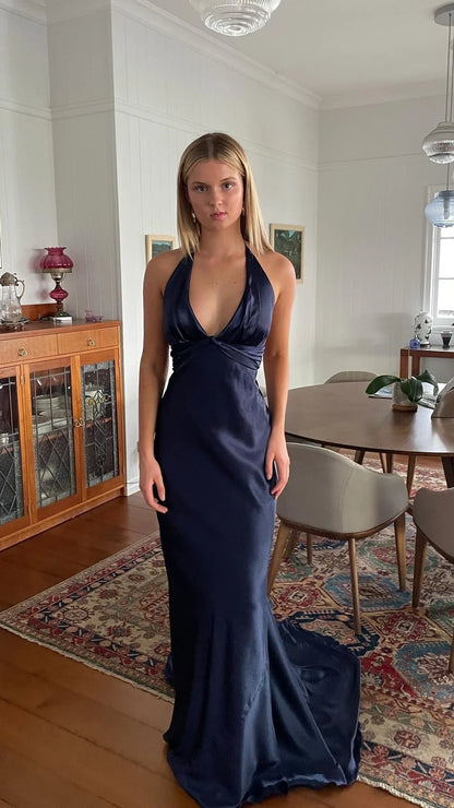 Trendy Senior Prom Dresses, Halter Sheath Satin Party Dress, Tie Up Back Open Formal Outfits,LTP3968