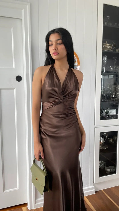 Trendy Senior Prom Dresses, Halter Sheath Satin Party Dress, Tie Up Back Open Formal Outfits,LTP3968