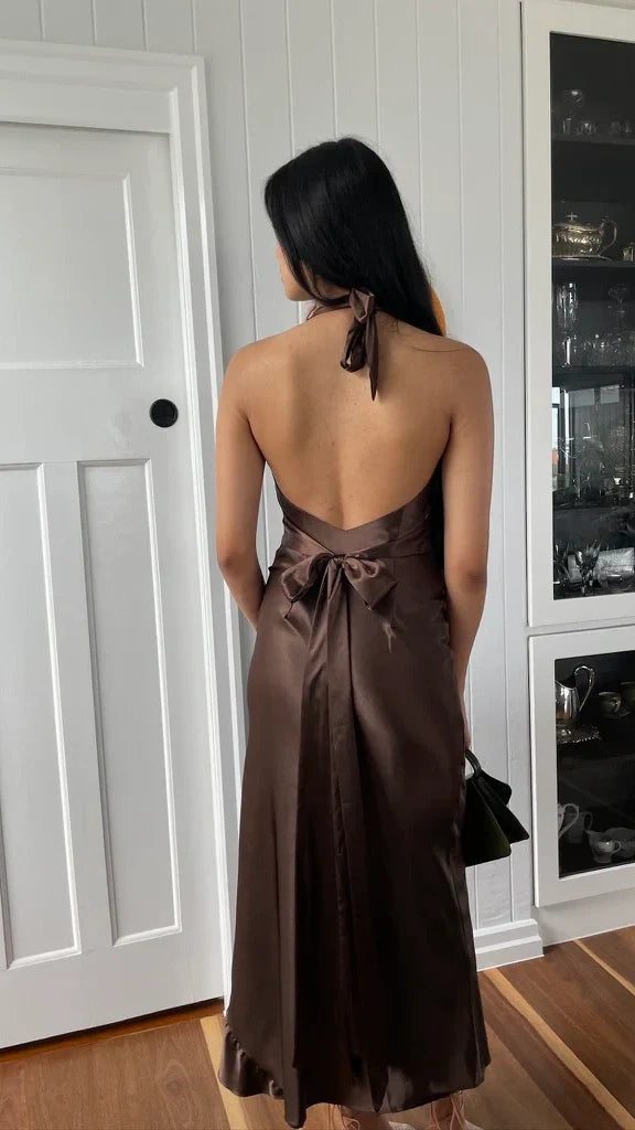 Trendy Senior Prom Dresses, Halter Sheath Satin Party Dress, Tie Up Back Open Formal Outfits,LTP3968