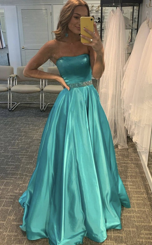 Turquoise Green Satin Junior Prom Dress