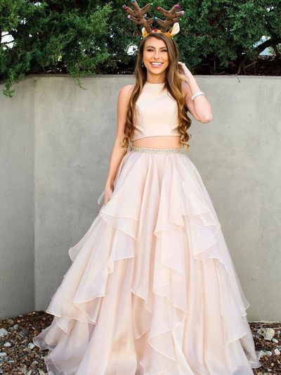 Two Pieces Champagne Chiffon Ruffle Prom Evening Dresses Sweet 16 Ball Gown,LTP4095