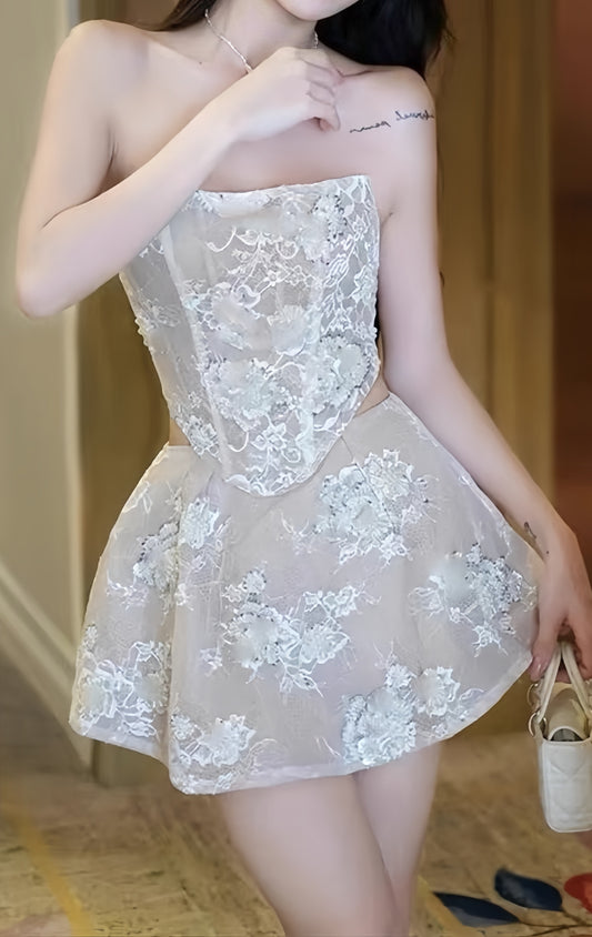 Two Pieces Lace Homecoming Dresses Strapless Mini Party Dress,LTP3896