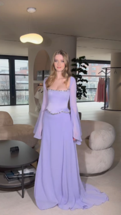 Two Pieces Lilac Chiffon Evening Prom Dresses Beaded Long Sleeves Bridesmaid Dress,LTP4590