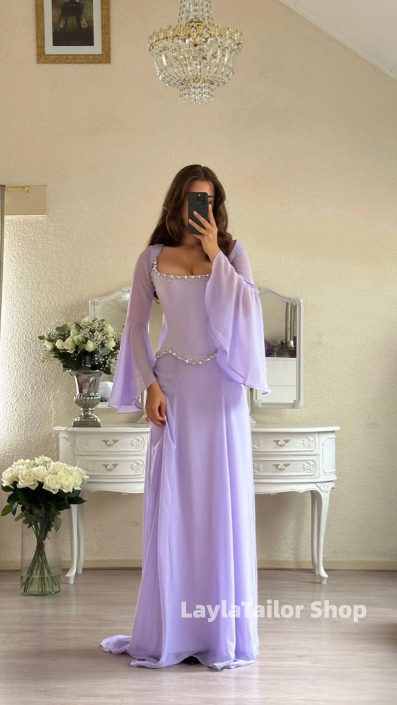 Two Pieces Lilac Chiffon Evening Prom Dresses Beaded Long Sleeves Bridesmaid Dress,LTP4590