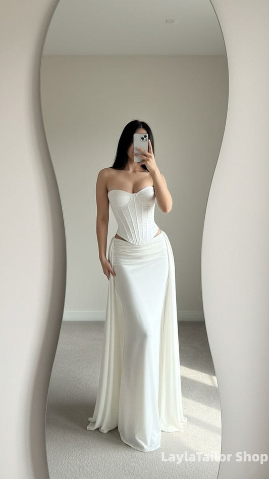Two Pieces Mermaid Prom Dresses Ivory Chiffon Formal Party Dress
