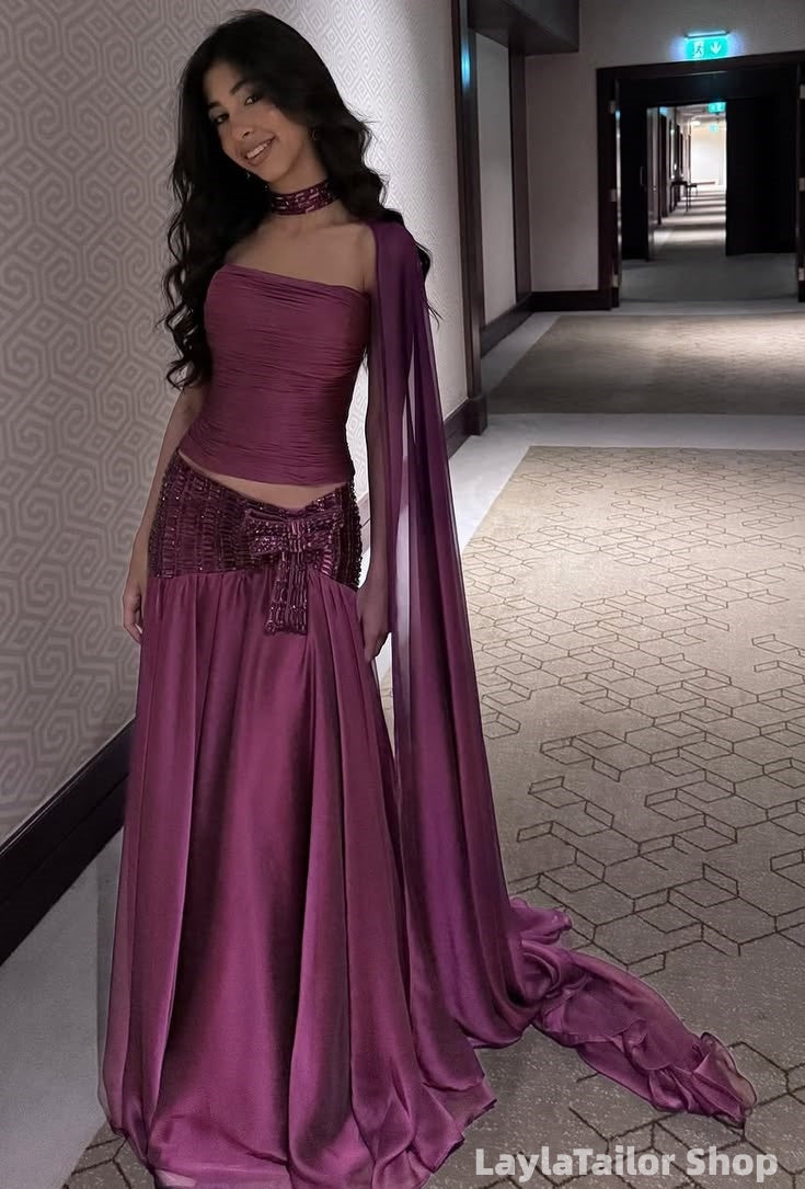 Two Pieces Purple Sequin Pleated Long Prom Dress LTP82668