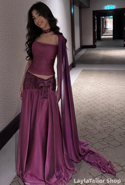 Two Pieces Purple Sequin Pleated Long Prom Dress LTP82668