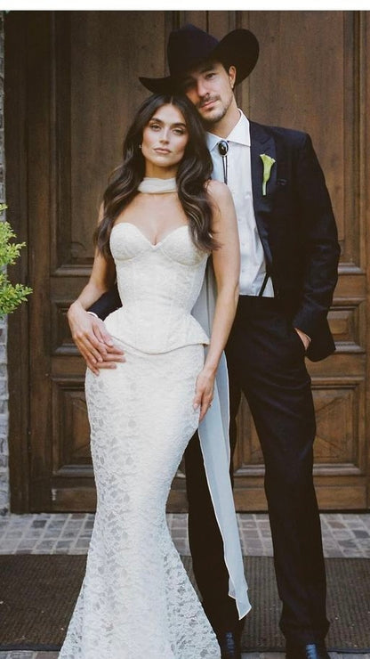 Two Pieces Mermaid Lace Wedding Dresses Sweetheart Sleeveless Evening Prom Dress,LTP4347