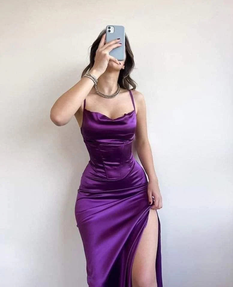 Spaghetti Straps Purple Satin Long Evening Prom Dresses