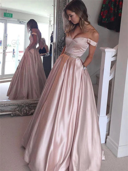 Off The Shoulder Pink A-Line Satin Prom Party Dress
