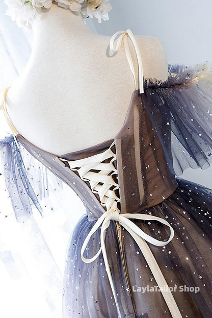 Unique Tulle Off The Shoulder Short Prom Dresses, Lace Up Homecoming Dresses