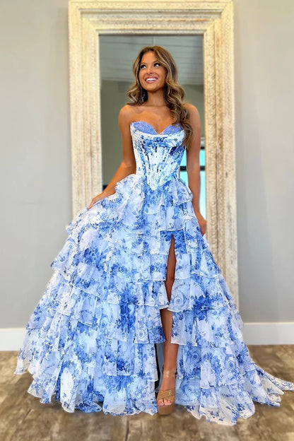 Cute A Line Sweetheart Floral Chiffon Tiered Prom Dress with Slit