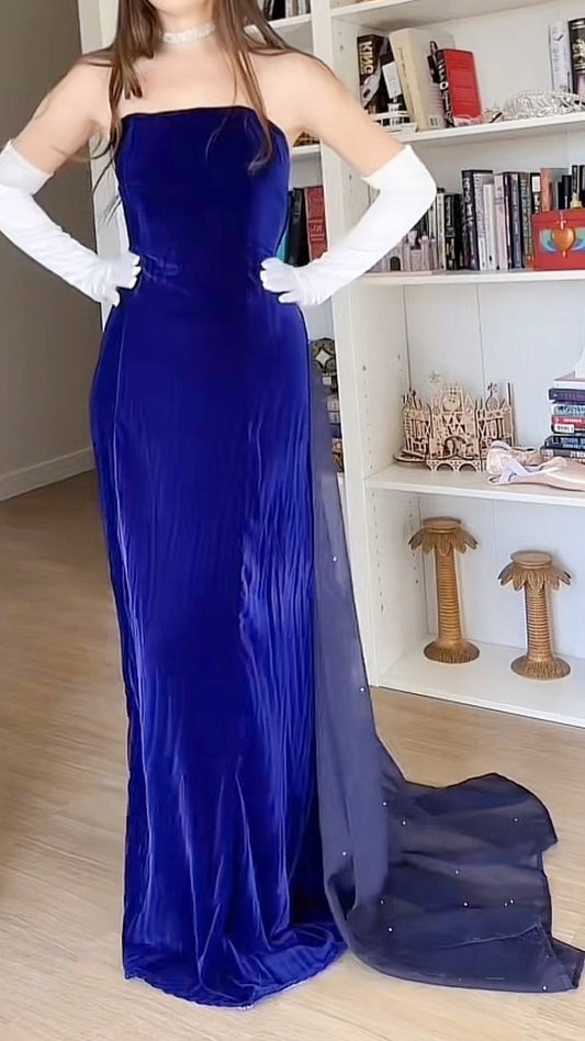 Velvet Winter Party Dresses Royal Blue Strapless Senior Prom Dress,LTP4289
