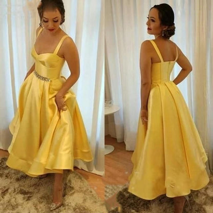 Yellow A-Line Satin Homecoming Dresses Tea Length Celebrating Dress with Beaded Belt