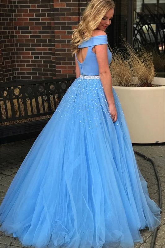 Vestido Two Pieces Sky Blue Pearl Beaded A-Line Formal Prom Dress