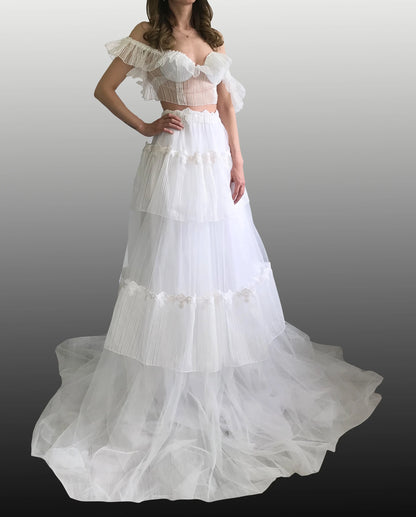 Two Pieces Pleated White Prom Dresses, White Bridal Gown, Off The Shoulder Wedding Dresses