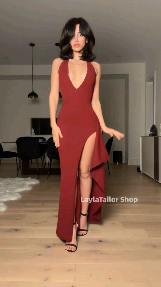 Vintage 1990S' Red Party Dance Dress Monica Ruffle Slit Prom Dresses,LTP4581
