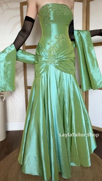 Vintage 90's Green Strapless Appliques Prom Dresses,LTP3652