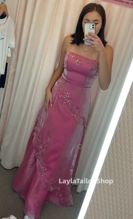 Vintage 90's Pink Beaded Ruffle Prom Dresses,LTP3653